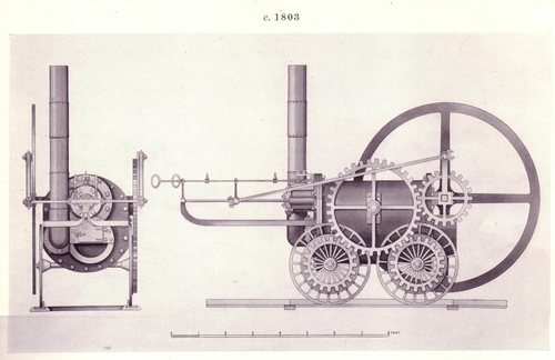 Dibujo de la locomotora de vapor de Trevithick.