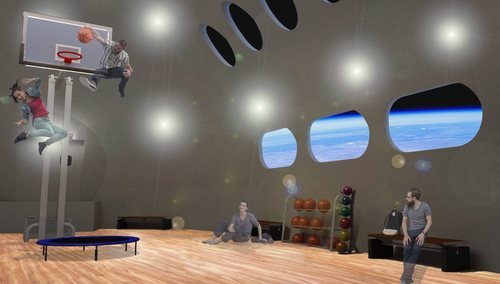 El módulo de actividades y gimnasio, con techos de siete metros de altura para los juegos de baja gravedad y conciertos nocturnos, será uno de los puntos fuertes del hotel.