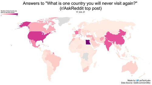 Mapamundi de los países a los que la gente no volvería