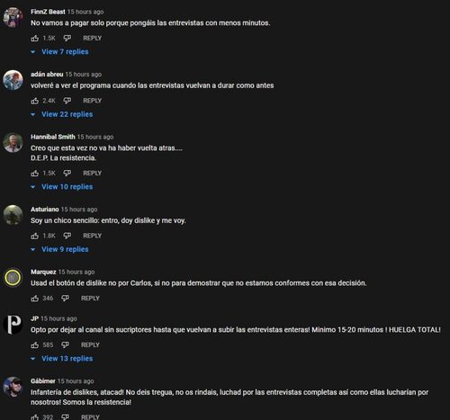 Todos los comentarios de los últimos vídeos de YouTube de 'La Resistencia' van en la misma dirección