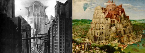 Escena de 'Metrópolis' y el cuadro 'La Torre de Babel'